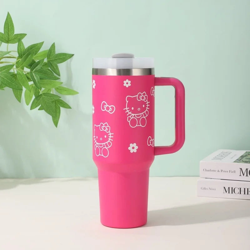 40oz Sanrio Hello Kitty Stainless Steel Insulated Mug With Handle Straw Mugs Large Capacity Thermos Drinks Coke Cups Coffee Mug