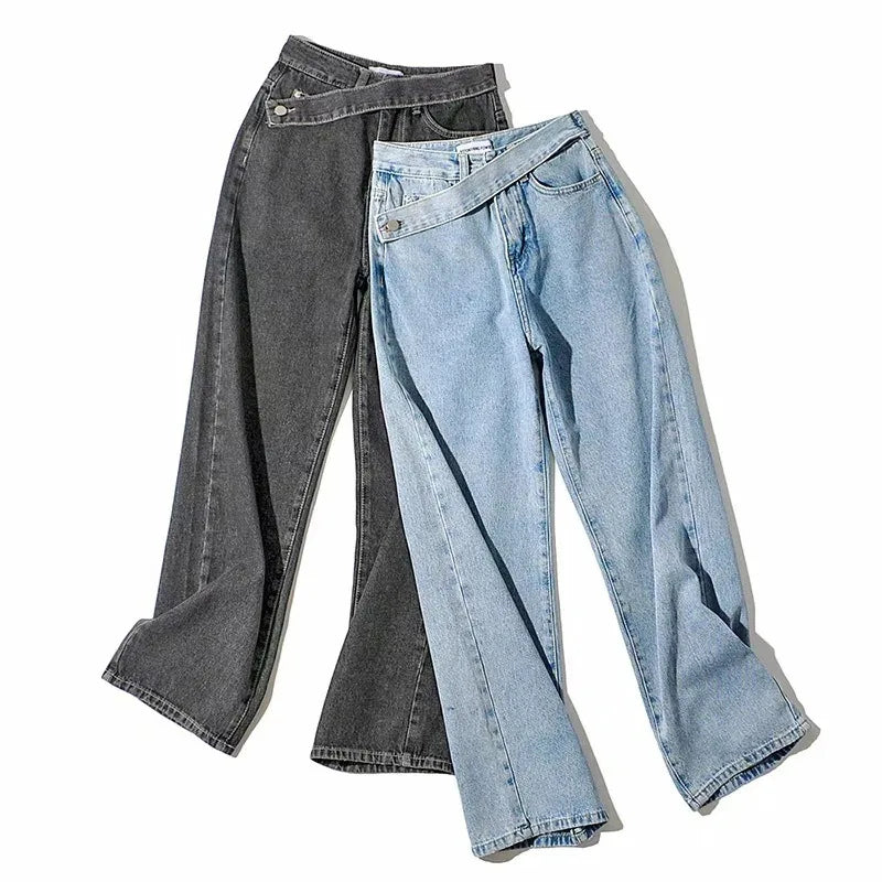 Women's Straight Floor Oblique Belt Denim Pants