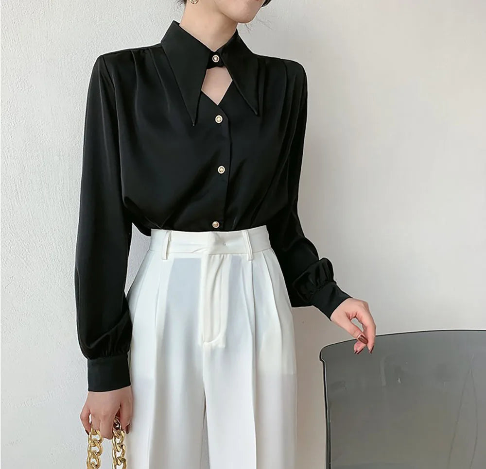 Women's Satin Korean Office Lady Blouses Top