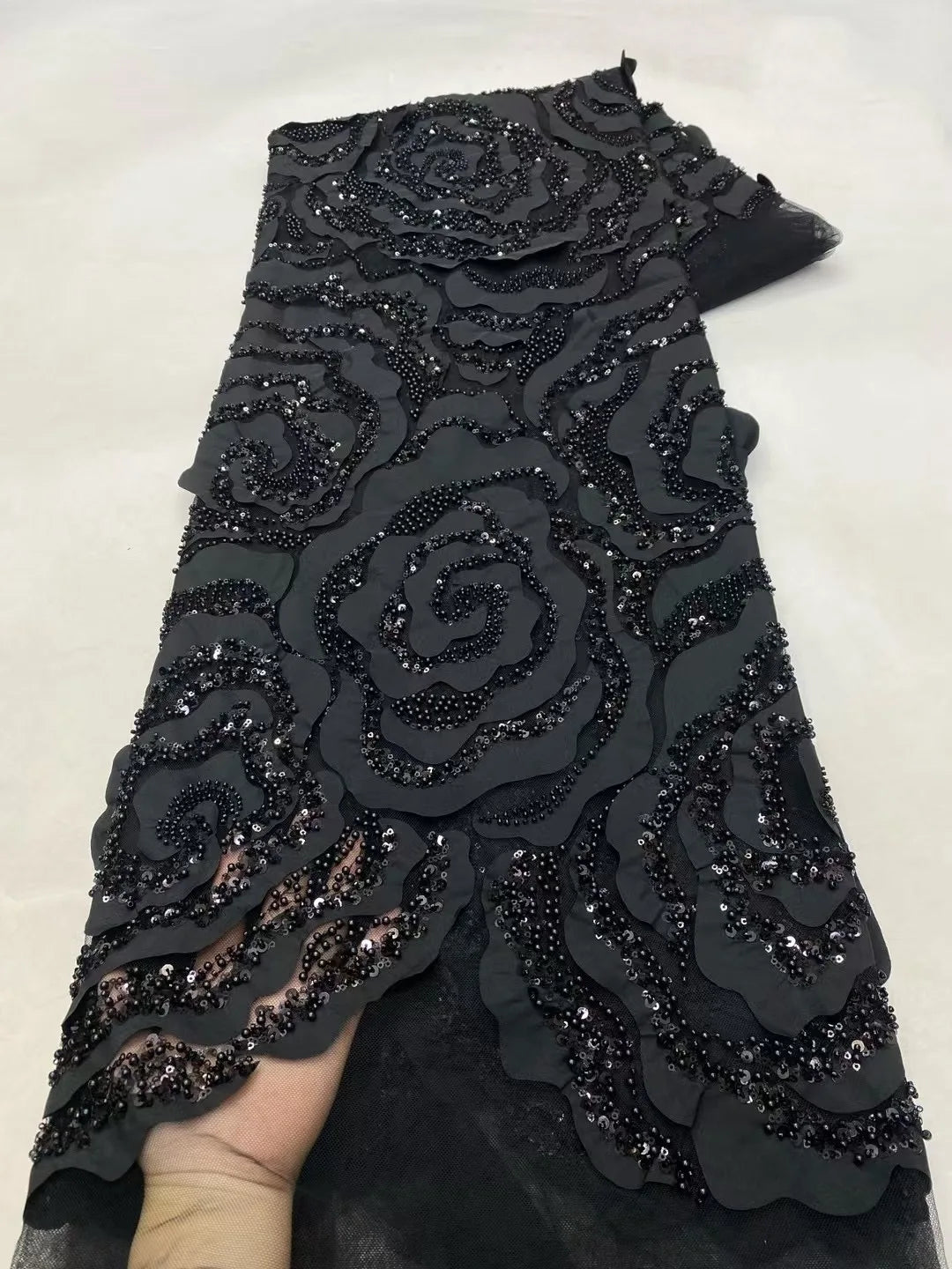 African Nigerian Groom Lace Fabric With Sequin,Hig-End Luxury Embeoidery,Heavy Fabric For Wedding Dress Party,Black