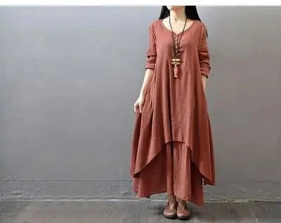 Loose Long Sleeve Cotton Artistic Style Two-Piece Gown