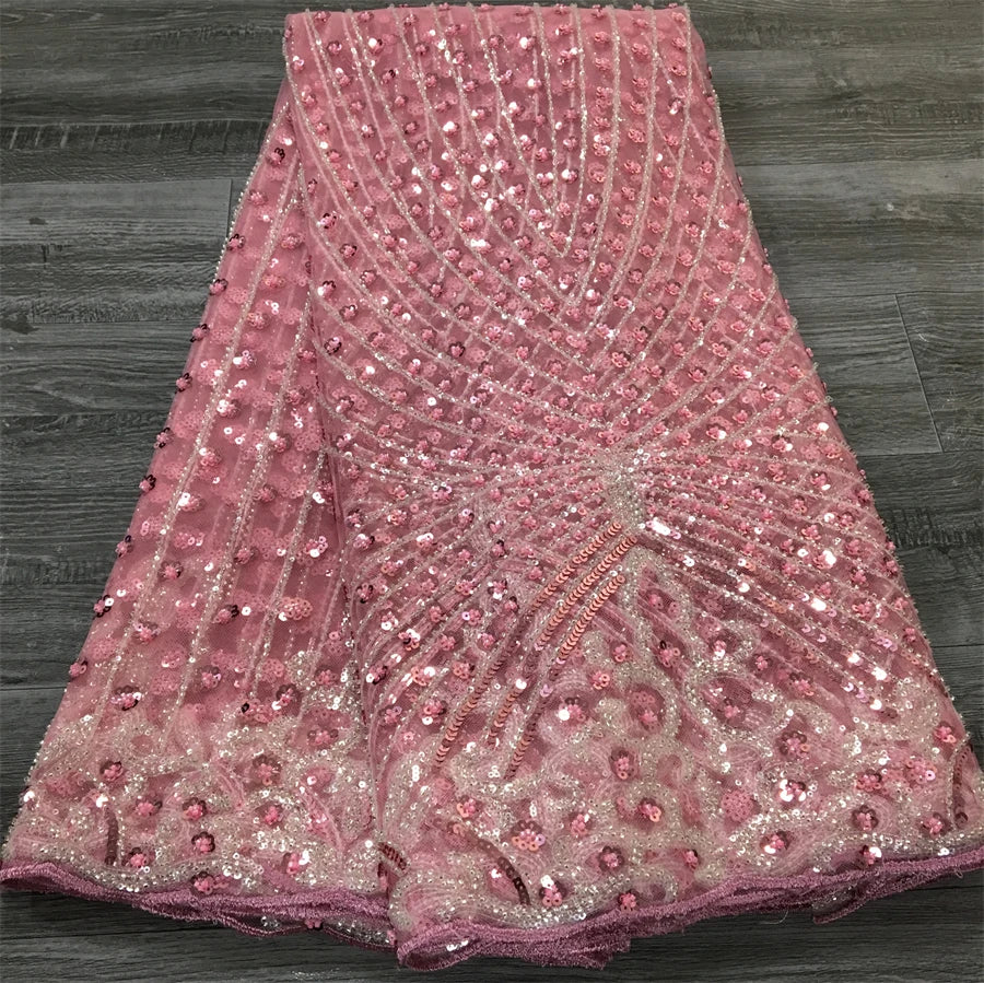 French Beaded Sequins Lace Fabric 2024 High Quality 5 Yard Mesh Tulle African Lace Fabric Nigerian Wedding Dress for Women A3736