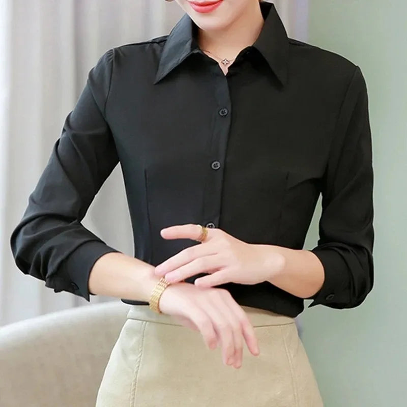 Elegant White Office Shirt Long Sleeve Blouse