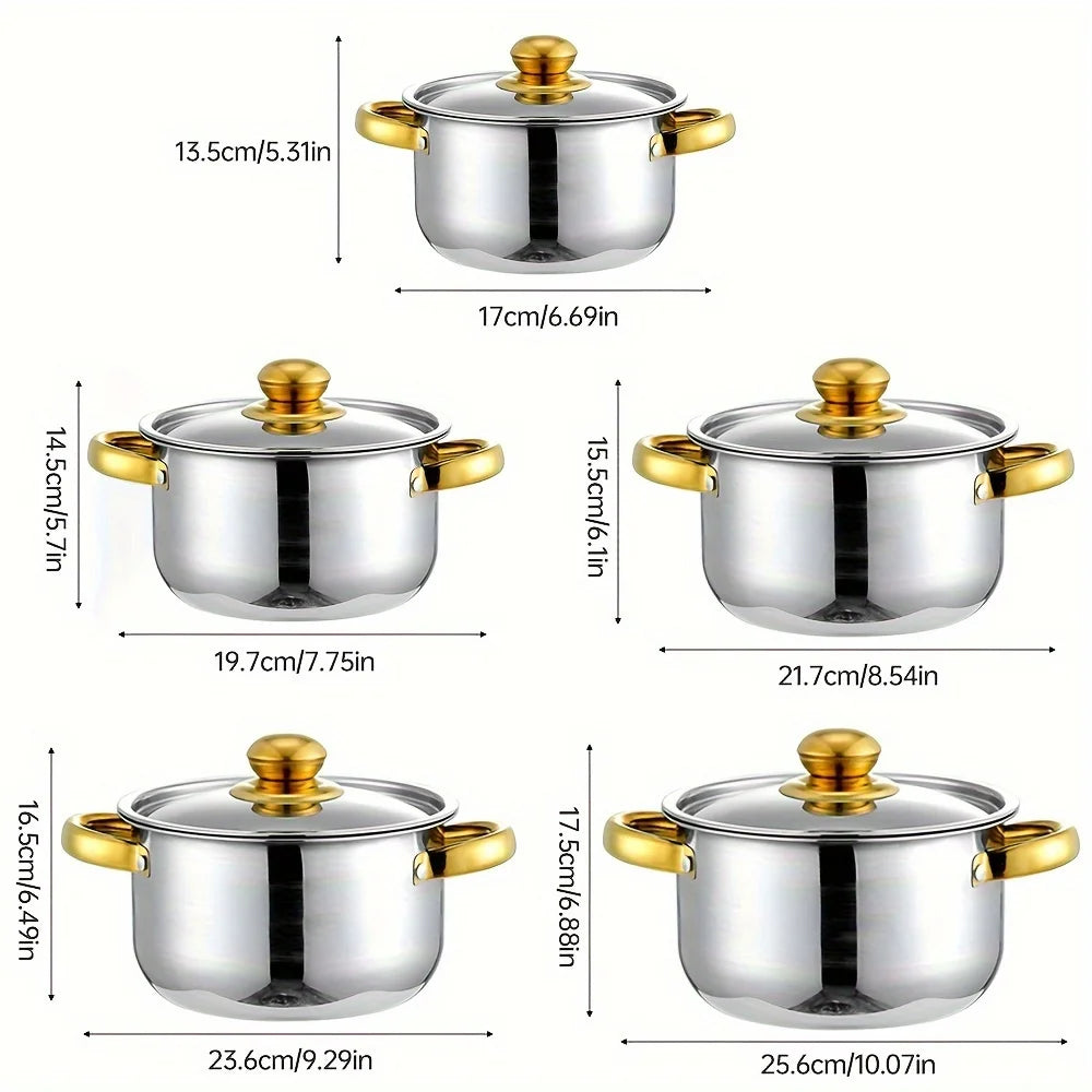 5Piece Golden Stainless Steel Cookware Set Multi-Purpose Compatible Stoves, Non-Stick, Scratch-Resistant, and Dishwasher Safe