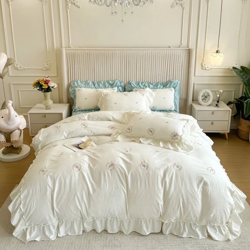 Embroidery Lace Ruffles Bedding Set