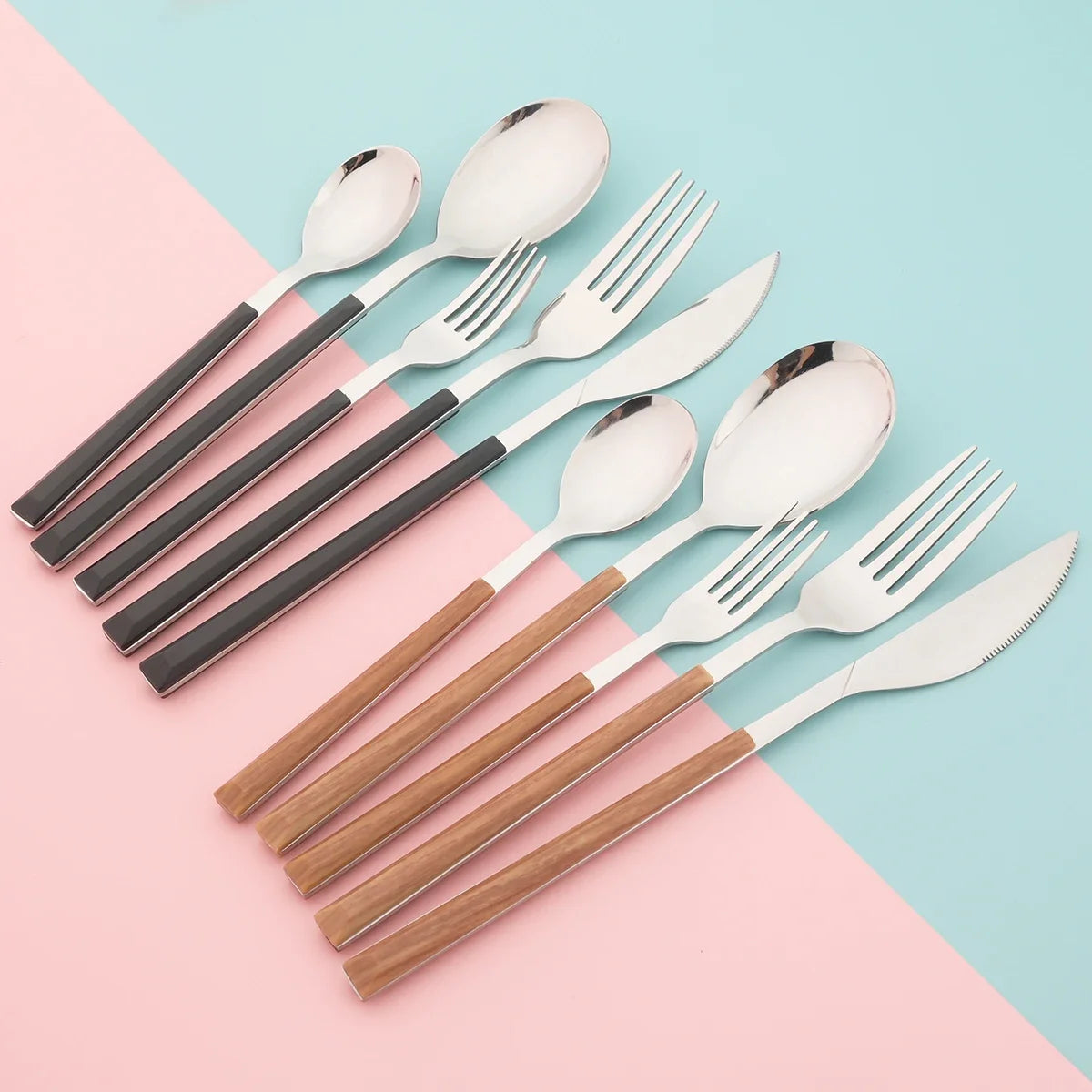24/30Pcs Imitation Wooden Handle Dinnerware Cutlery Set Stainless Steel Tableware Western Knife Fork Spoons Silverware Flatware