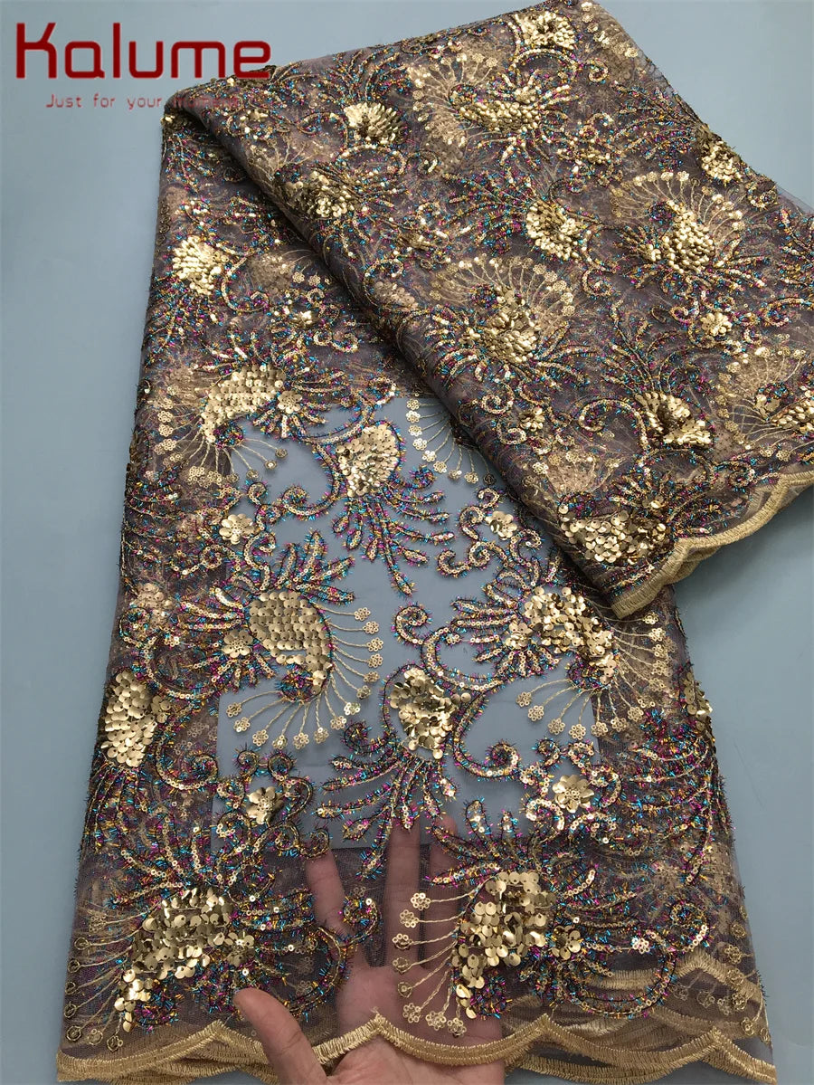 Kalume 2025 African Lace Fabric Sequins Nigerian Mesh Lace Fabric Sequins 5 Yards High Quality For Party Wedding Dress F3811