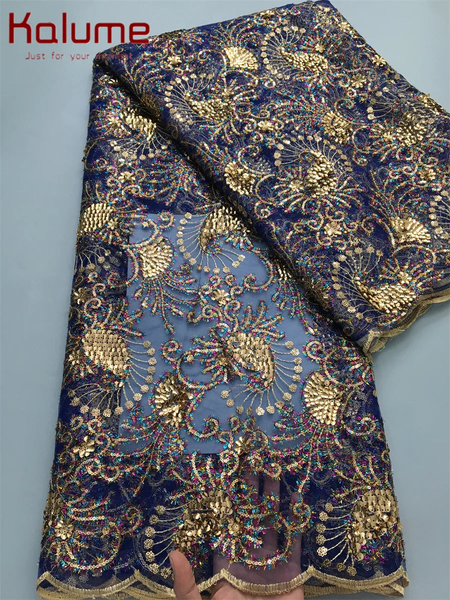 Kalume 2025 African Lace Fabric Sequins Nigerian Mesh Lace Fabric Sequins 5 Yards High Quality For Party Wedding Dress F3811