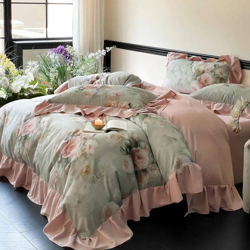 Vintage Flowers Print Ruffle Bedding Set