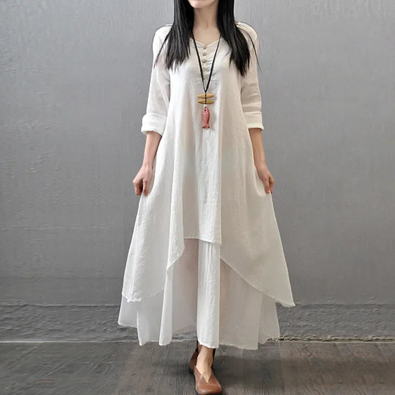 Loose Long Sleeve Cotton Artistic Style Two-Piece Gown