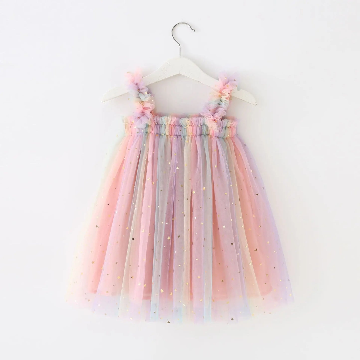 Rainbow Colorful Pleated Kids Suspenders Dress