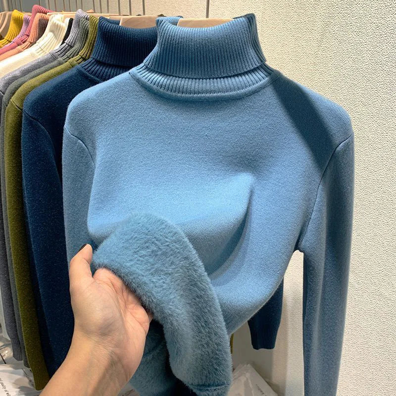 Women Elegant Thicken Velvet Lined Warm Knitted Top
