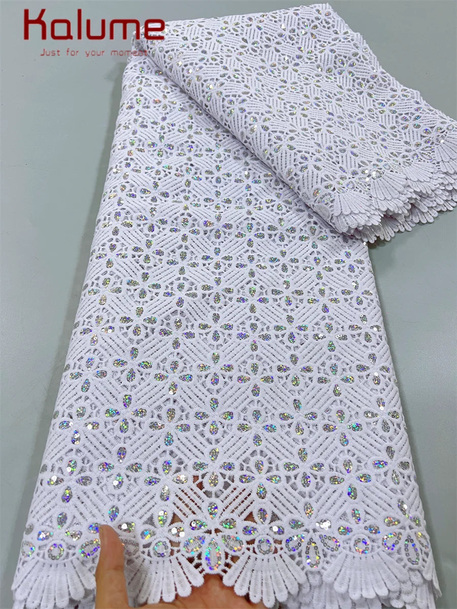 White African Guipure Cord Lace Fabric with Sequins 2025 High Quality Nigerian Guipure Cord Lace for Sewing Wedding Dress F4025