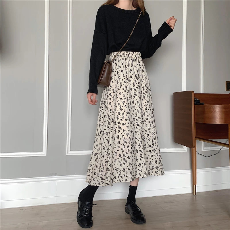 Women Korean Skirt Street wear Drawstring Midi Skirt