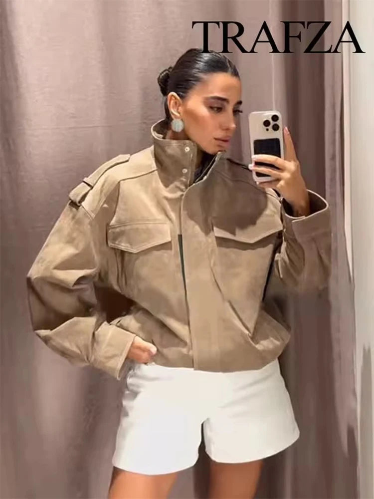 Women Suede Zipper Loose Coat