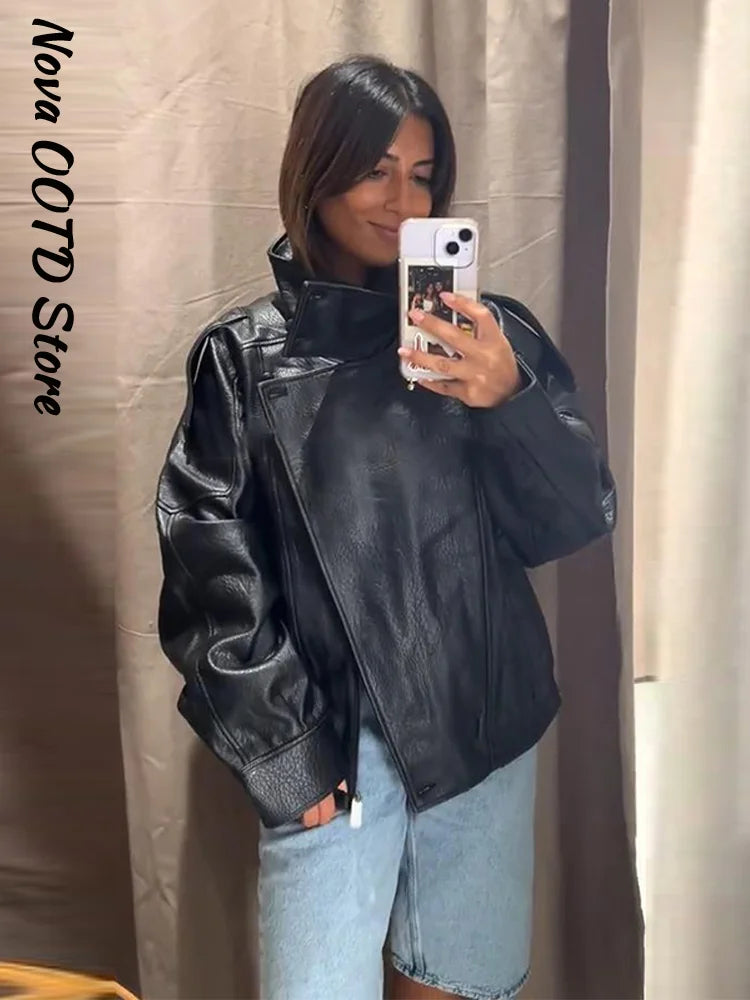 Short Leather Jacket Zipper, Lapel Belt Coat for women