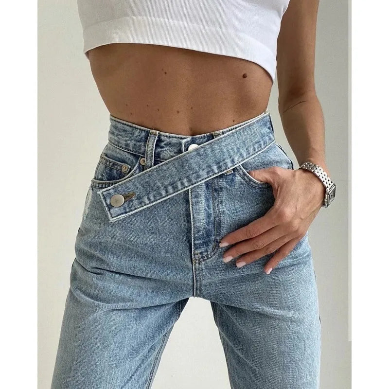 Women's Straight Floor Oblique Belt Denim Pants