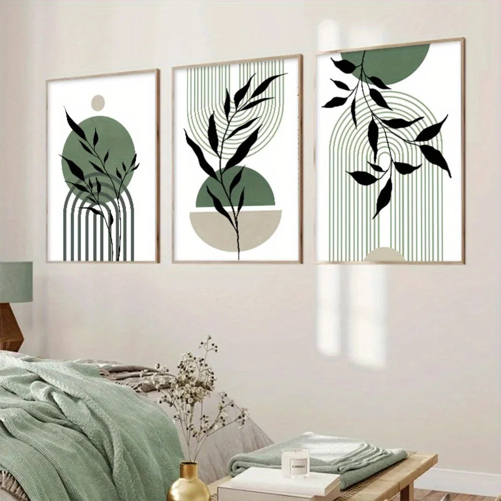 3pcs Sage Green Boho Wall Art Green Black Beige Abstract Mid-Century Poster Modern Botanical Living Room Bedroom Wall Decoration