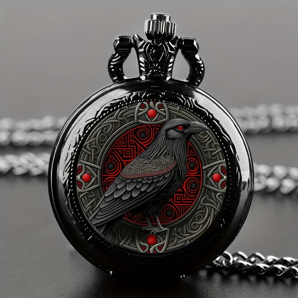 Gothic Design Raven Pocket Watch With Necklace Alloy
