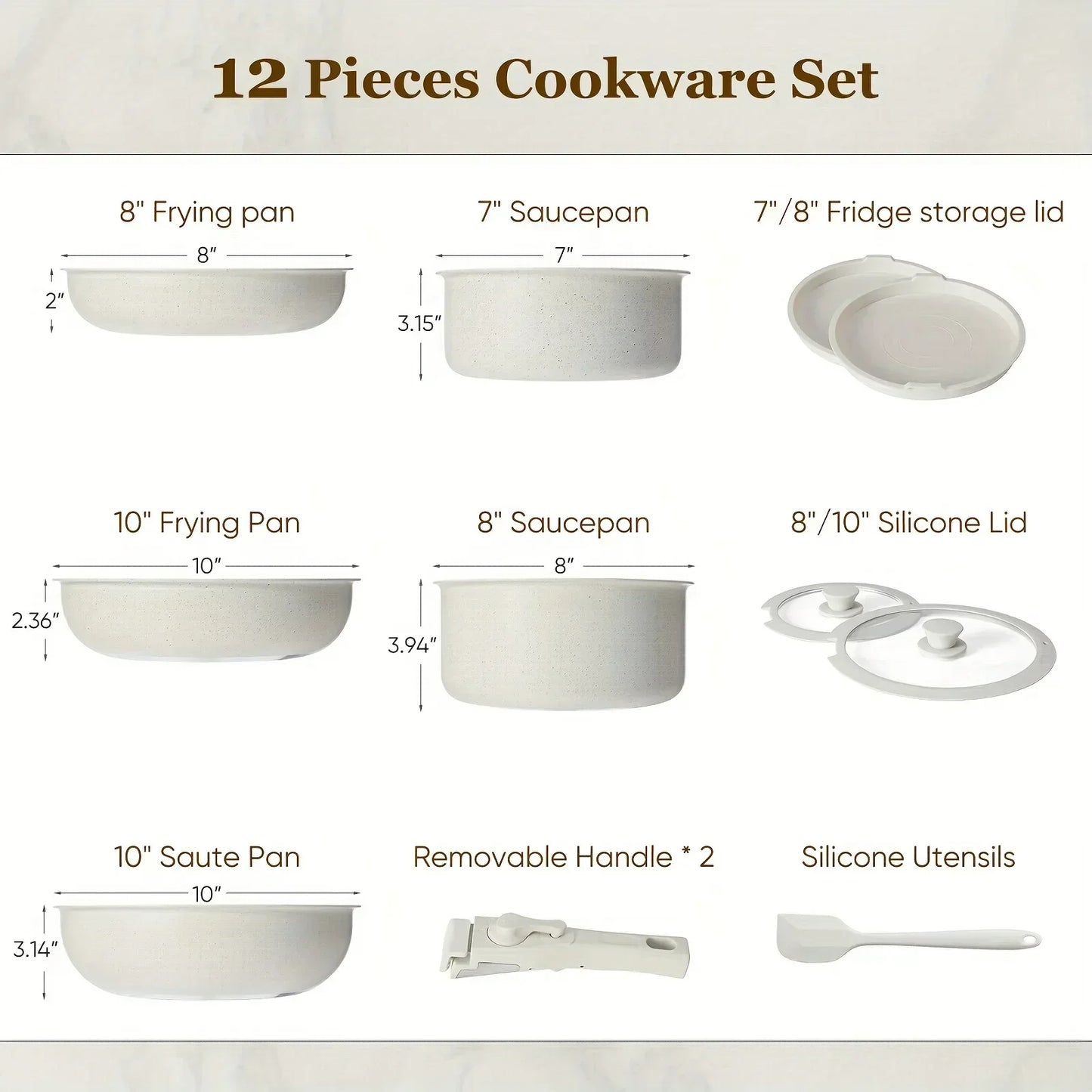 12pcs White Granite, Nonstick Pots and Pans Set, Induction Cookware Non Stick Cooking Set, Frying Pans & Saucepans with