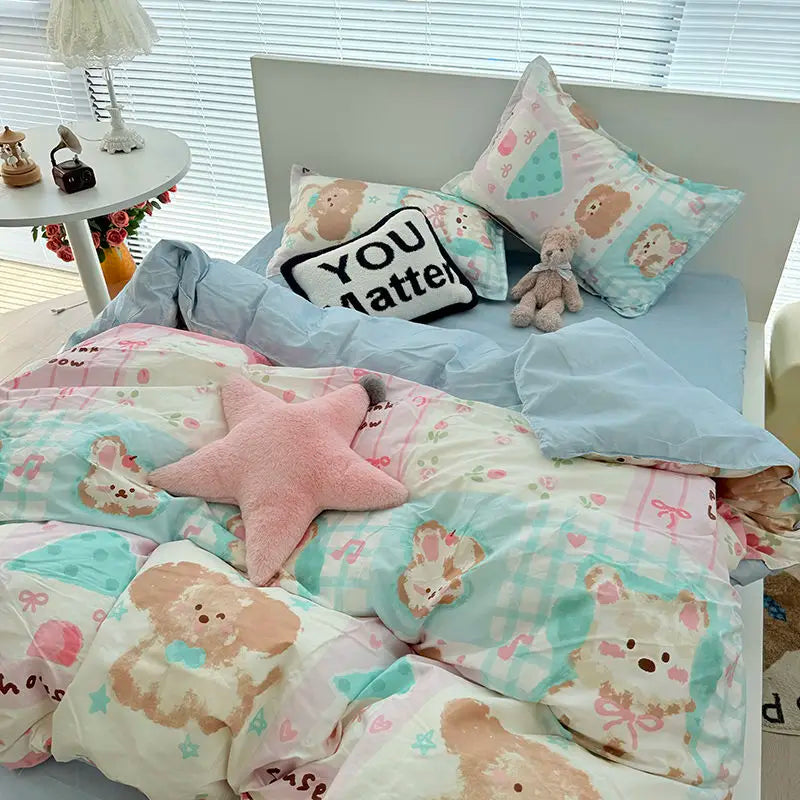 Bear Floral Bed Sheet Cover Pillowcases