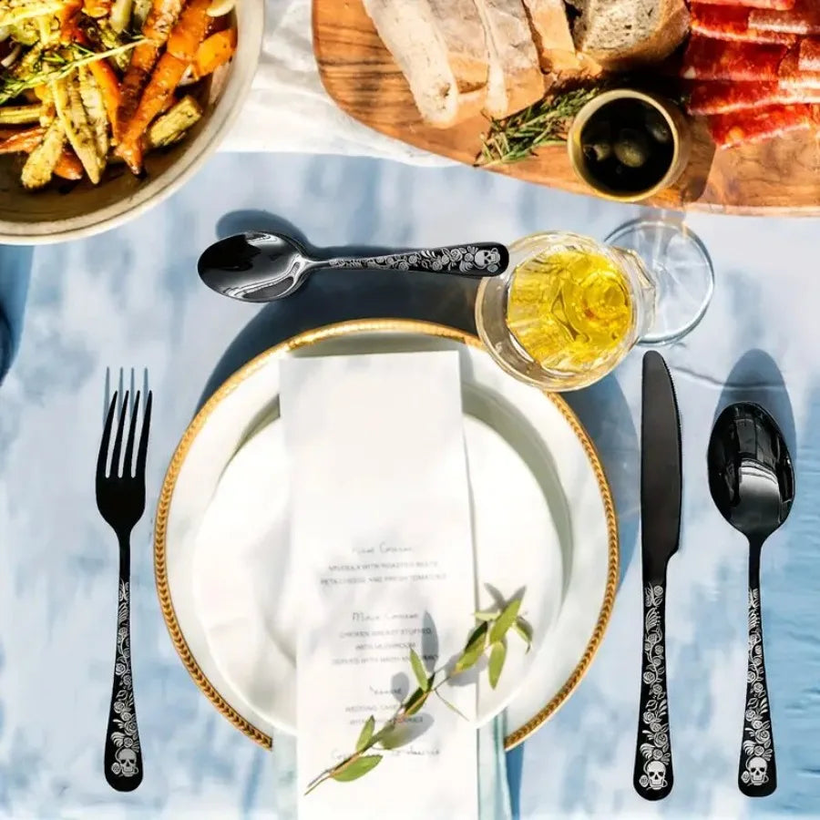 16Pcs Stainless Steel Tableware Set with Skull and Rose Pattern Silverware, Mirror Polished, with Spoon, Fork and Knife, Suitable for Dark Rock Enthusiasts, Suitable for Halloween, Day of the Day, May 5Th Day, Birthday.