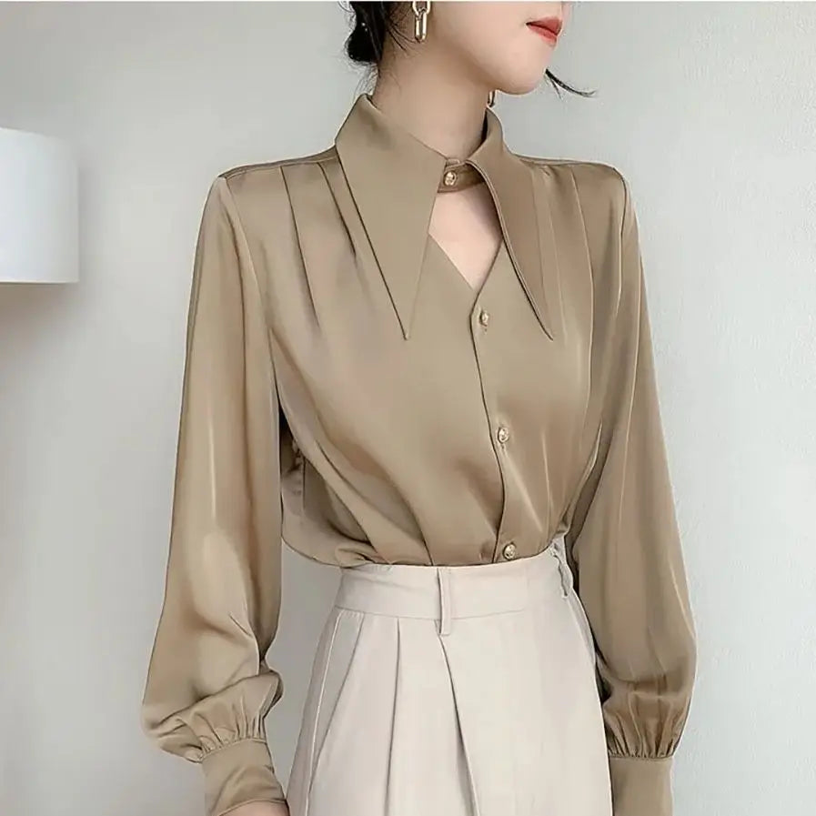 Women's Satin Korean Office Lady Blouses Top