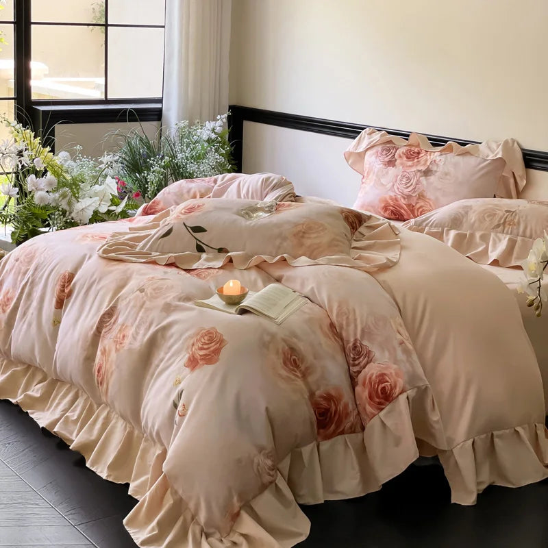 Vintage Flowers Print Ruffle Bedding Set