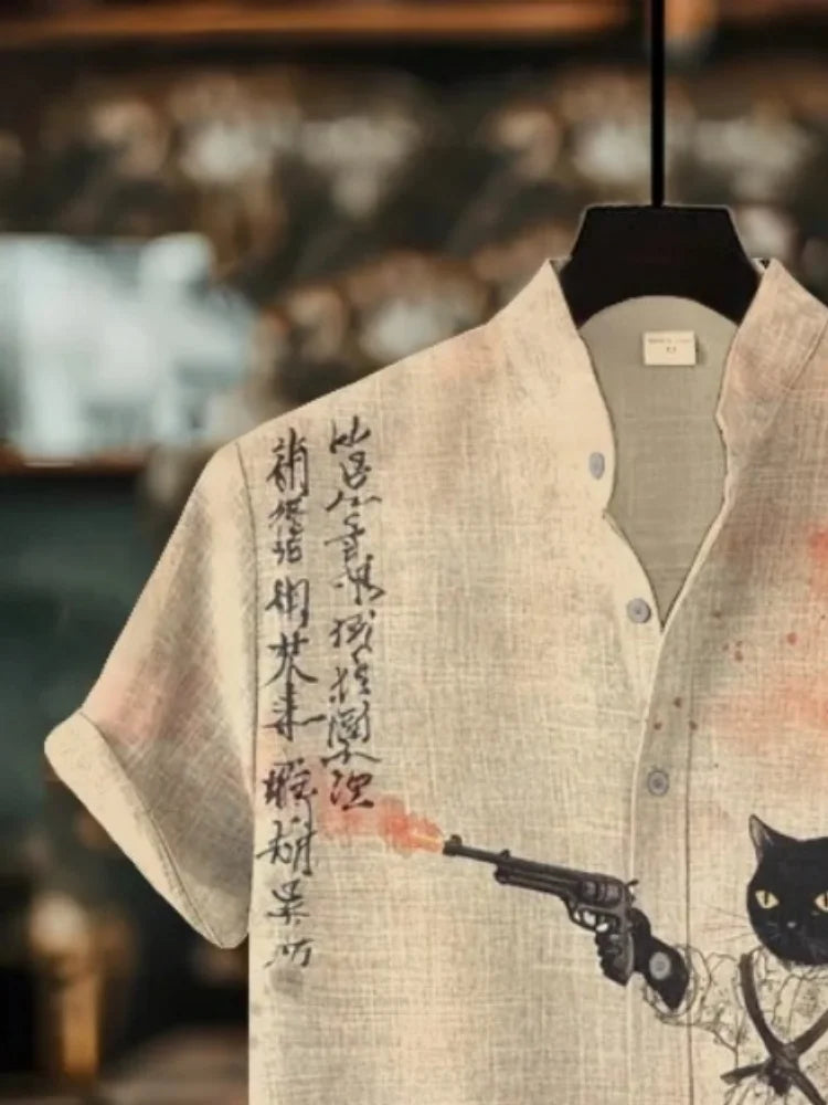 Retro Calligraphy Cat Dinosaur Print Shirt