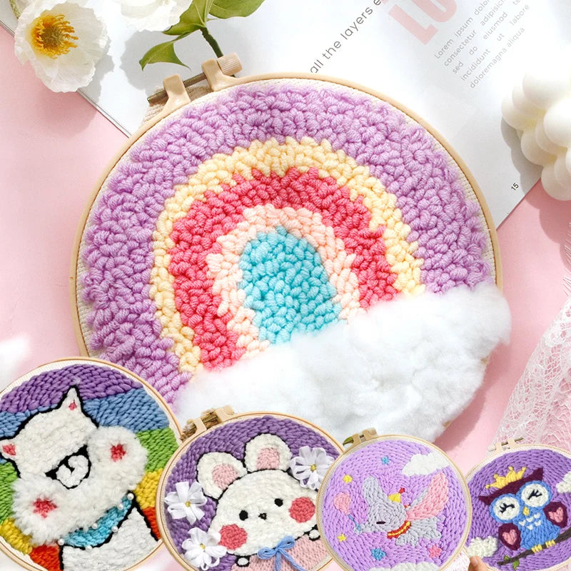 20cm Punch Embroidery Starter Kits Children's hand embroidery kit Beginners DIY Needlework Wool Punch Needle Poke Embroidery Kit