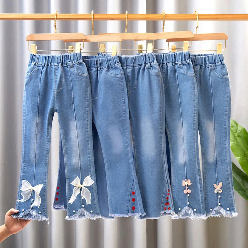 Elastic Leisure Bow Denim Children Flared Pants