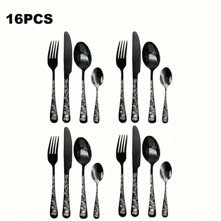 16Pcs Stainless Steel Tableware Set with Skull and Rose Pattern Silverware, Mirror Polished, with Spoon, Fork and Knife, Suitable for Dark Rock Enthusiasts, Suitable for Halloween, Day of the Day, May 5Th Day, Birthday.