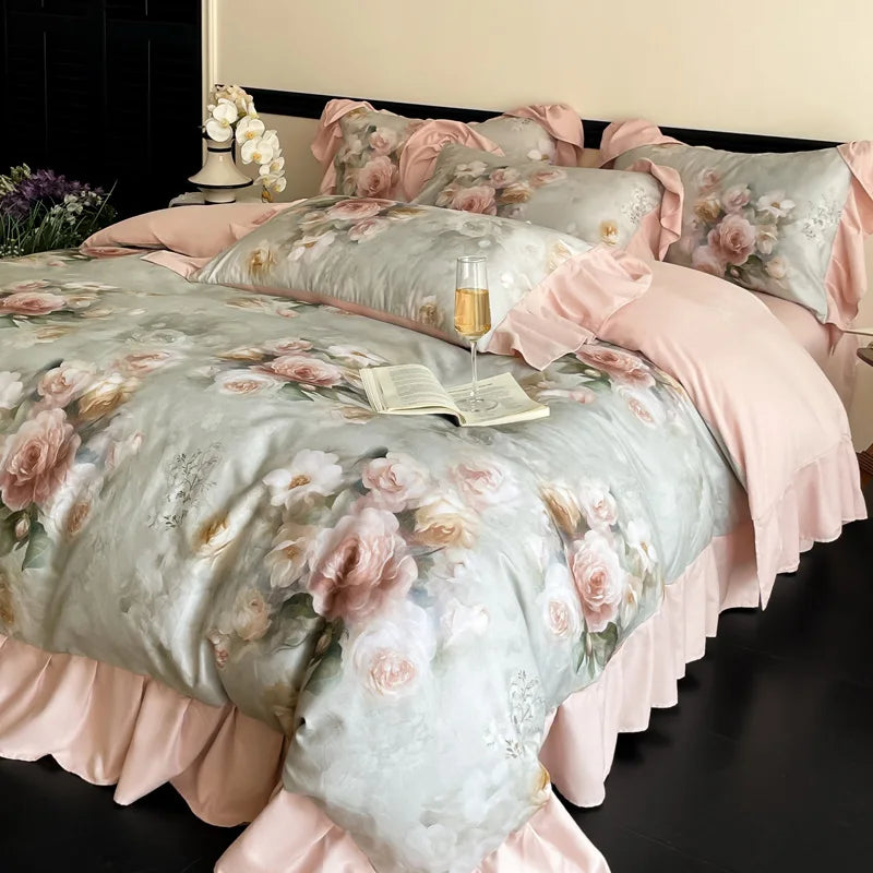 Vintage Flowers Print Ruffle Bedding Set