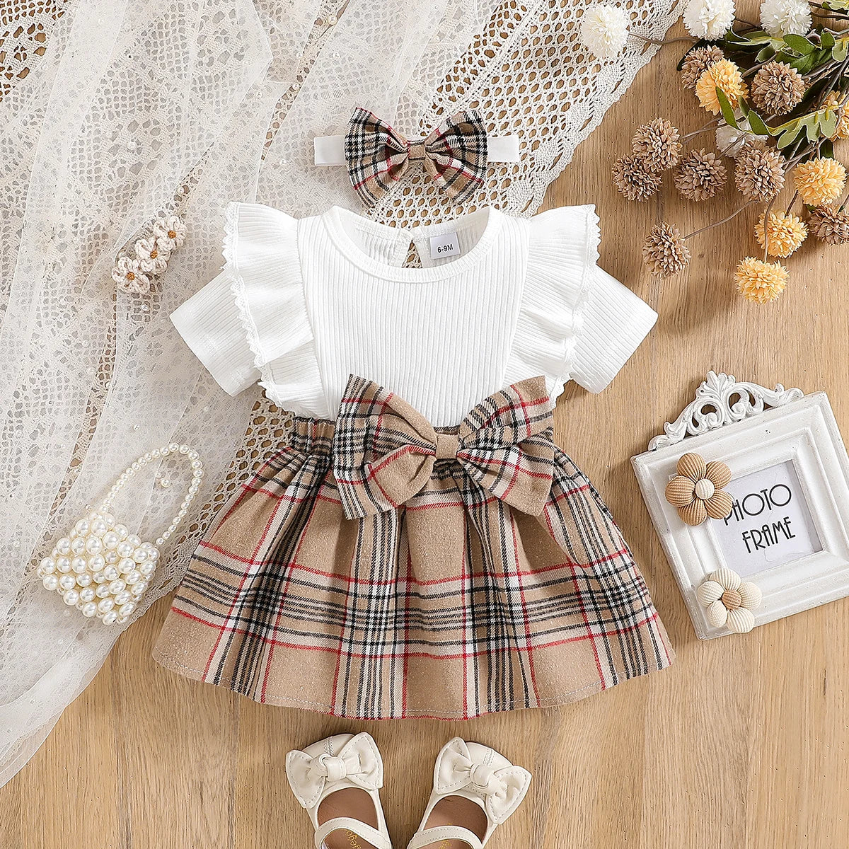 Cute Ruffle Lace Decoration Bow Plaid Design