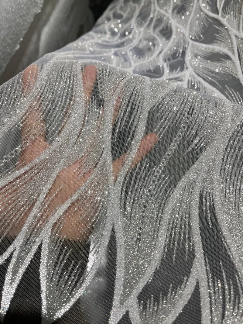 Luxury Glitter Mesh Lace Fabric Silver Sparkly Wave Embroidery Tulle for Gown Evening Dress DIY Sewing Material