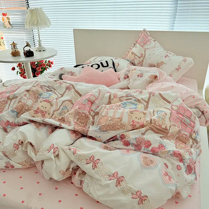 Bear Floral Bed Sheet Duvet Cover Pillowcases