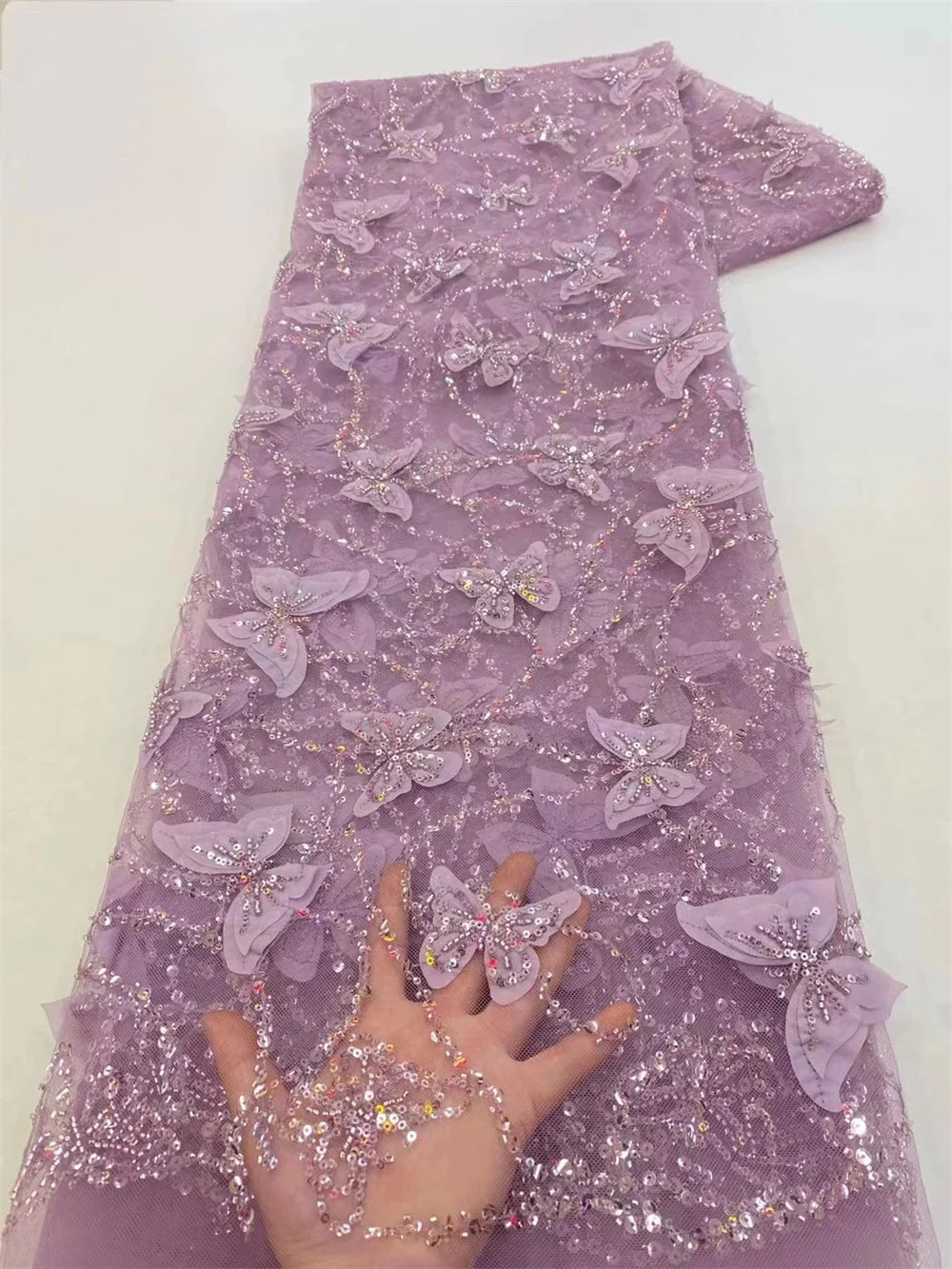 African Heavy Beaded Lace Fabric 2025 High Quality 5 Yards Nigerian Sequins Tulle 3D Fabric Material For Wedding