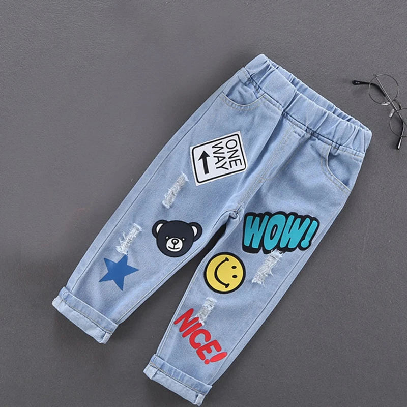 stylish Cotton Print Splice Stretch Denim Pants