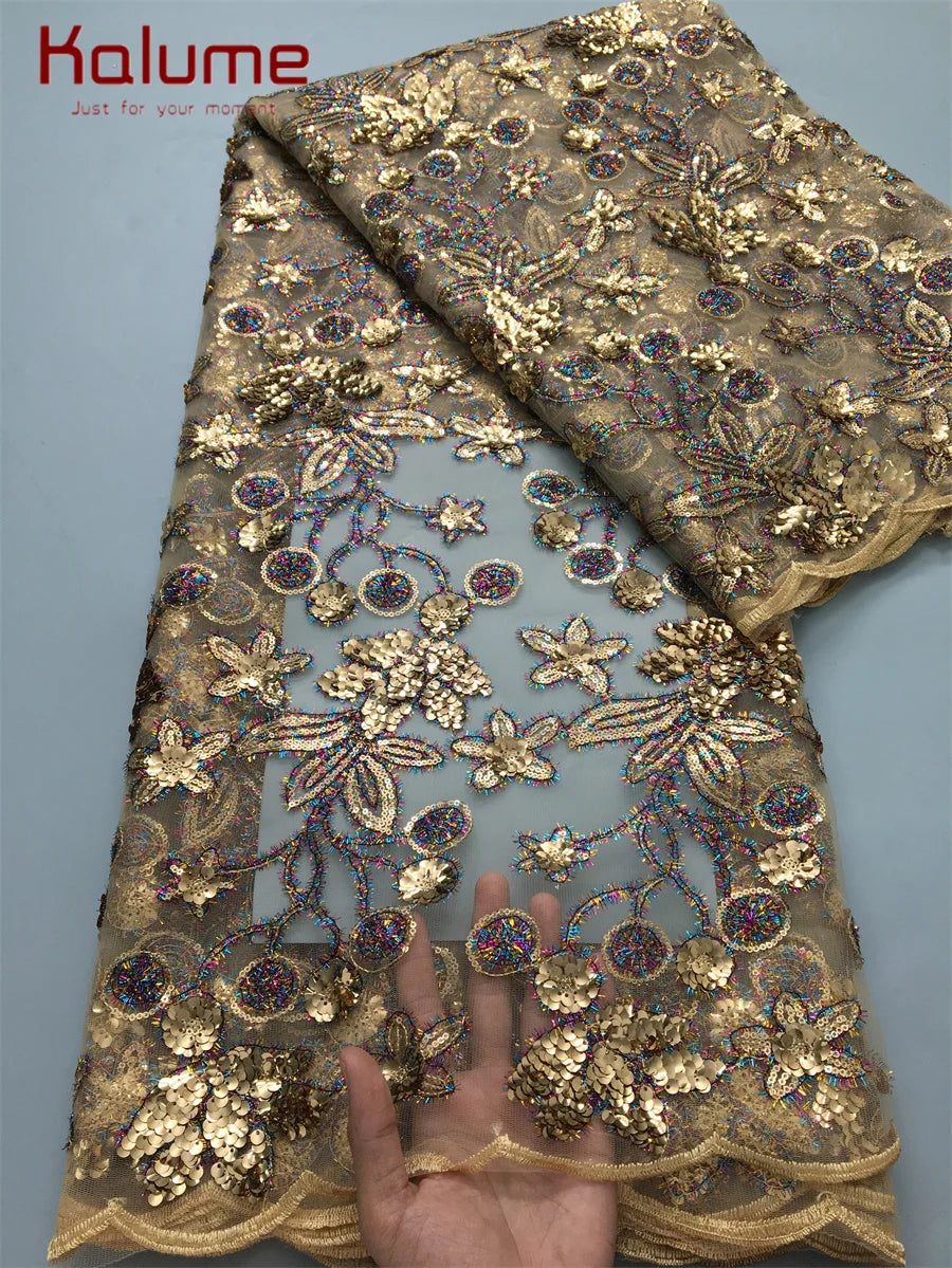 Kalume 2025 African Lace Fabric Sequins Nigerian Mesh Lace Fabric Sequins 5 Yards High Quality For Party Wedding Dress F3811