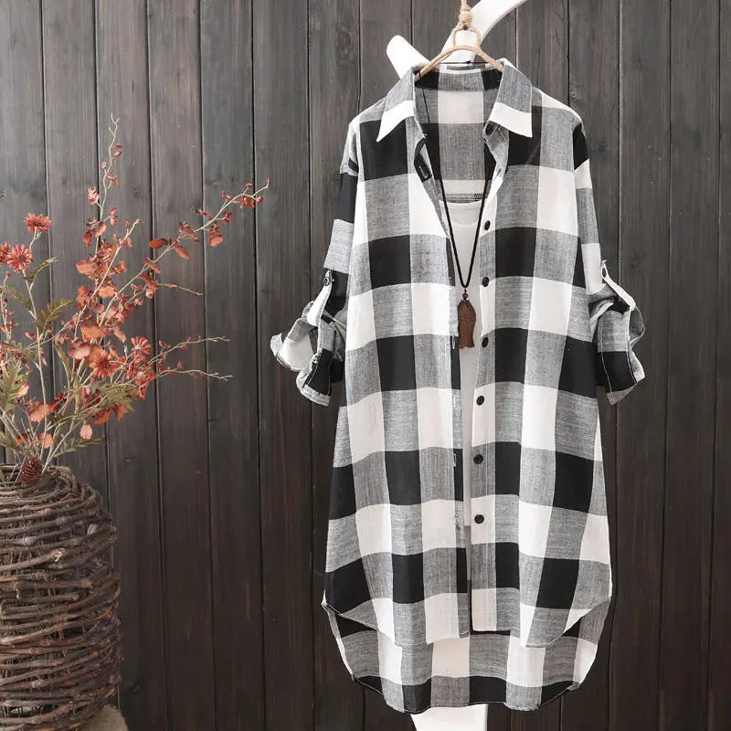 Women's Plaid Cotton Shirt Chic Women Elegant Blouse