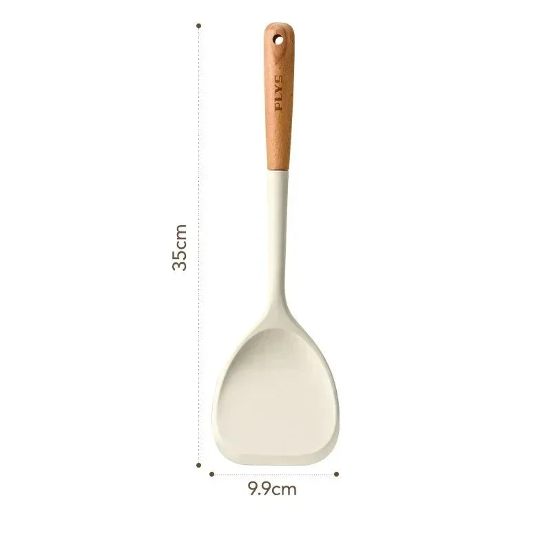 Silicone kitchenware set, durable hardwood handle, heat resistant tools, non-stick pan long handle porridge spoon Sieve Spatula