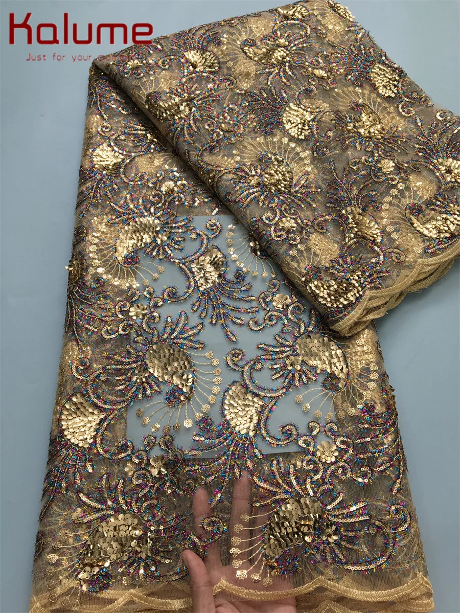 Kalume 2025 African Lace Fabric Sequins Nigerian Mesh Lace Fabric Sequins 5 Yards High Quality For Party Wedding Dress F3811