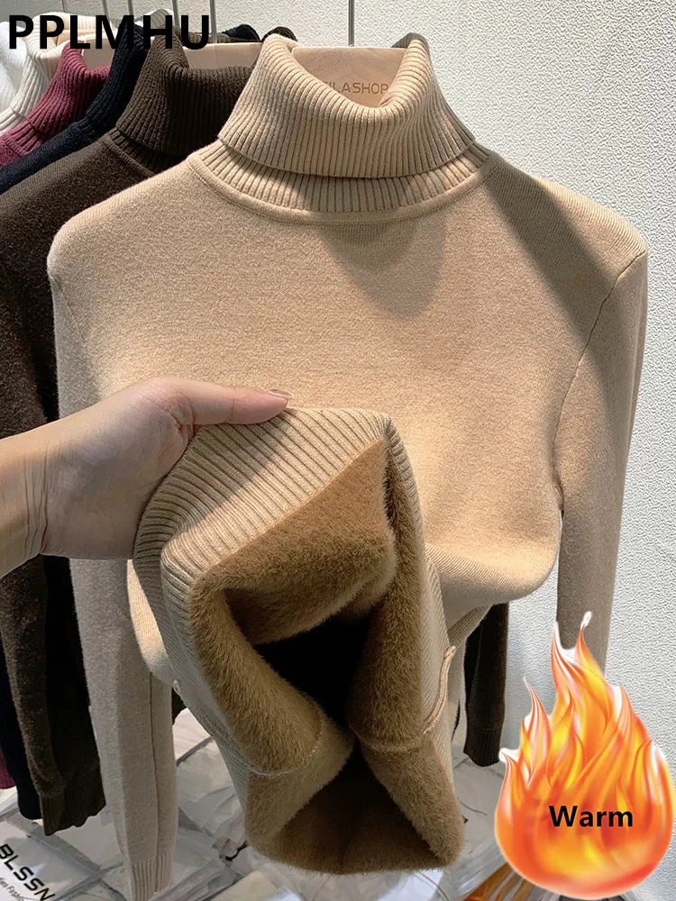 Women Elegant Thicken Velvet Lined Warm Knitted Top