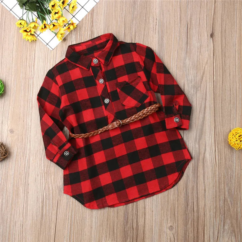 Plaid Christmas T-Shirt Kids Blouse Dress + Twist Belt