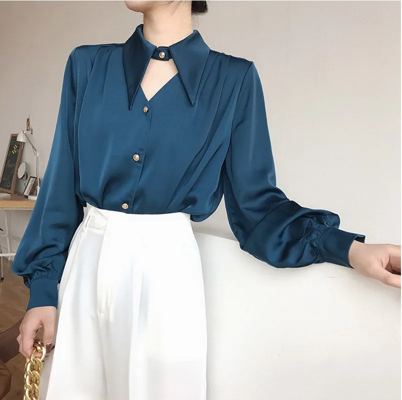 Women's Satin Korean Office Lady Blouses Top