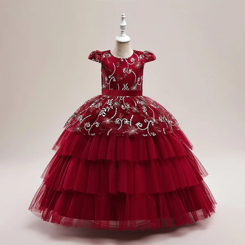 Embroidery Flower Bride maids Girls Party Dresses