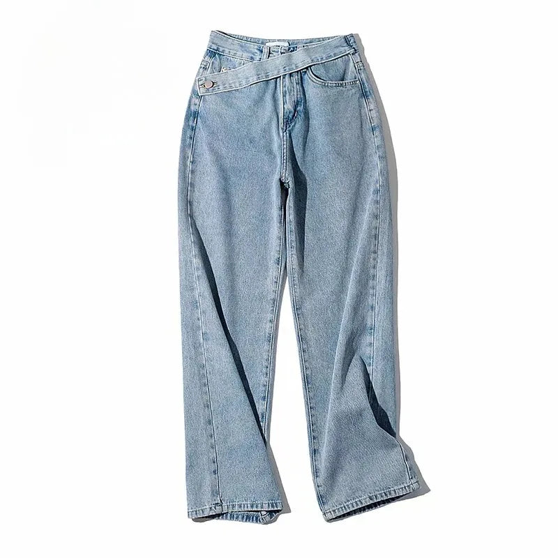 Women's Straight Floor Oblique Belt Denim Pants