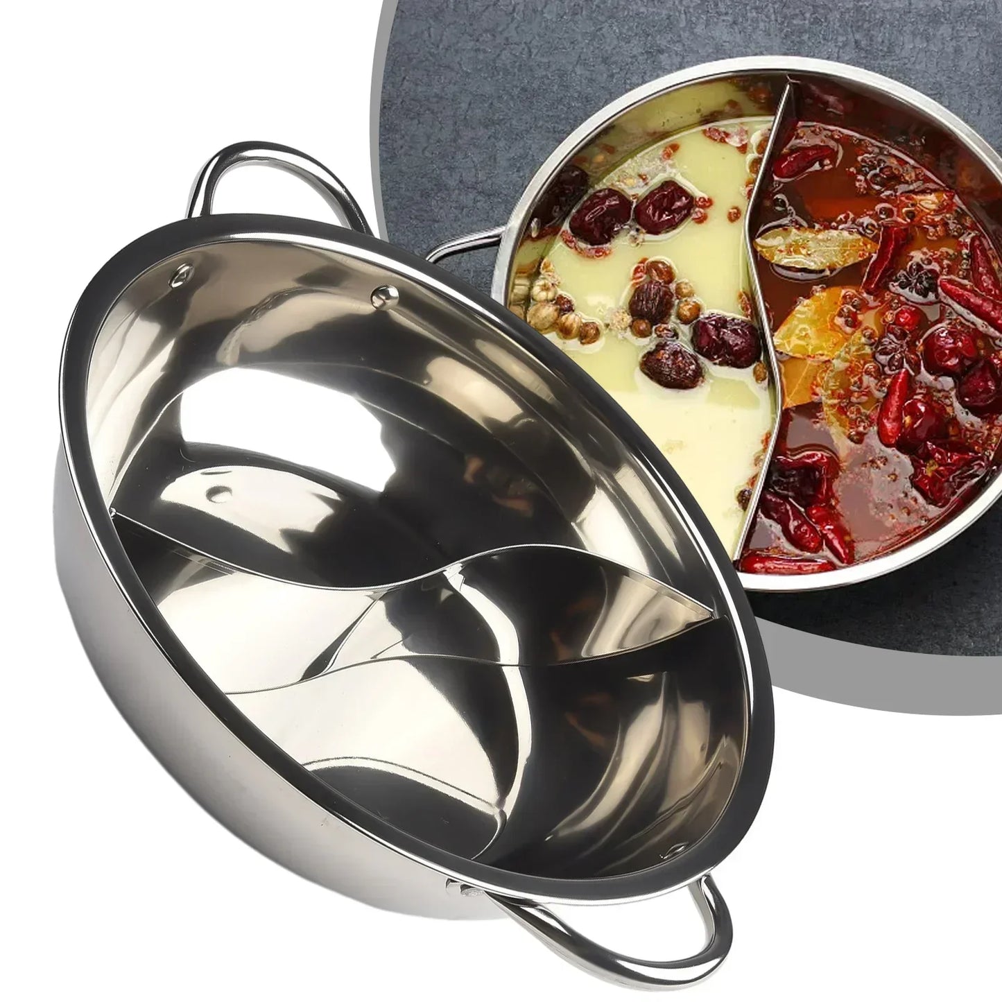 28/30cm Twin Divided Hot Pot Stainless Steel Hotpot Kitchen Cooker Home Cooking Cookware Dish Plate Compatible Cooker Gas Stove