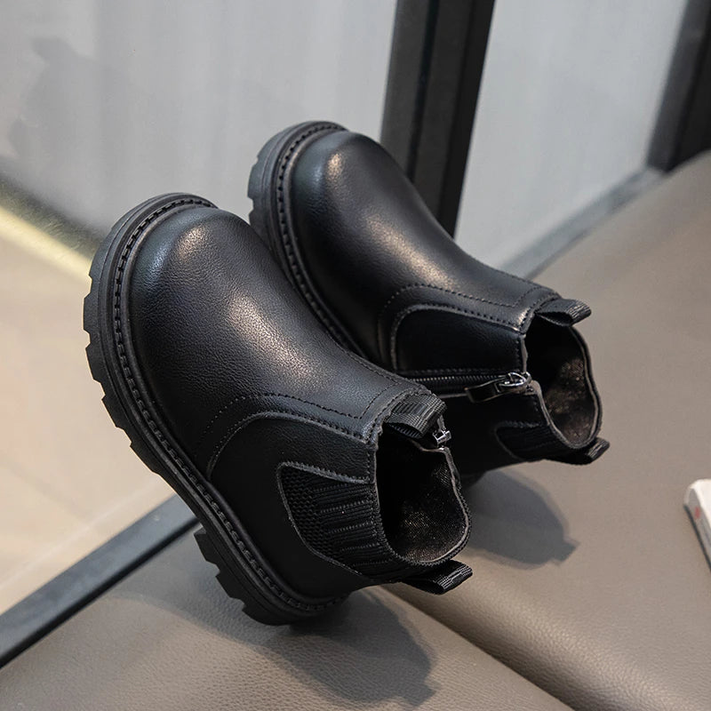 Leather Side Zipper Retro Children's Fashion Boots