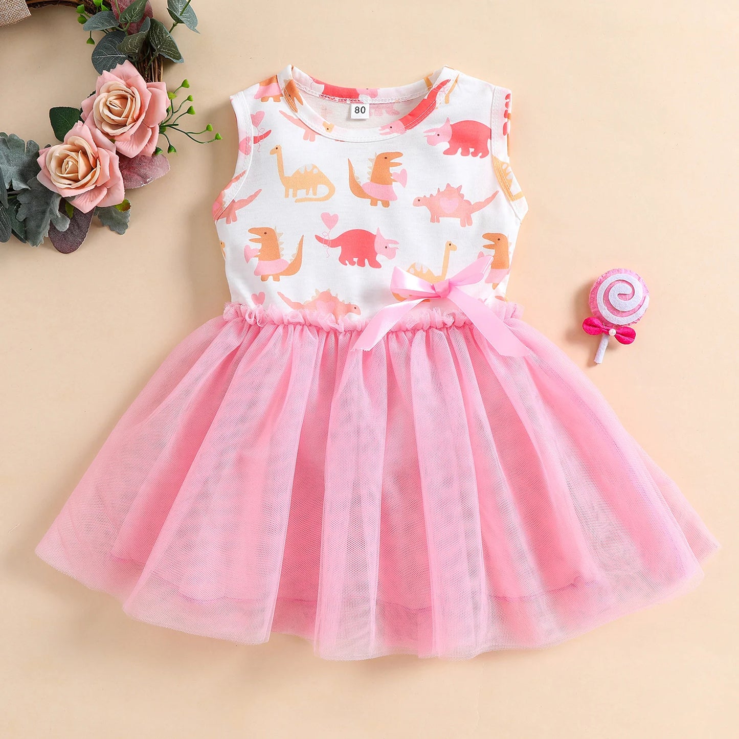 Princess Dinosaur Print Mesh Dress For Kids